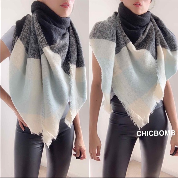 OVERSIZED TARTAN PLAIND WRAP SCARF - MINT GRAY - Picture 3 of 6